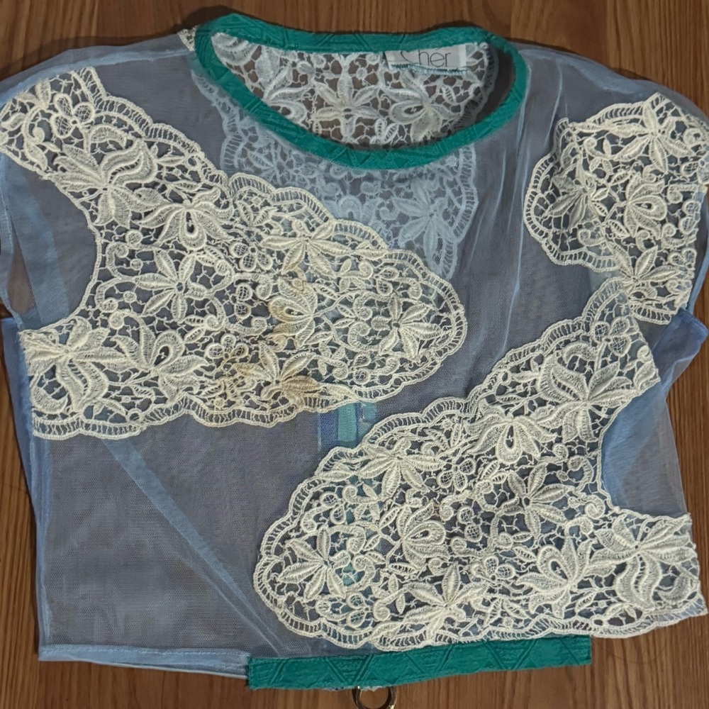 Vintage Cher Blue Mesh Sheer Lace‎ Patchwork Short Sleeve Top SZ S Coquette Y2k